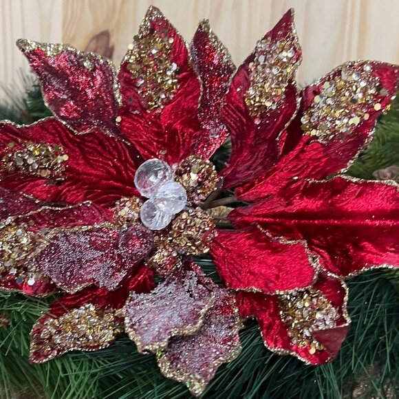 Glitter Edge Jewel Poinsettia Stem Home Christmas Tree Decoration Craft Supplies - Picture 1 of 10